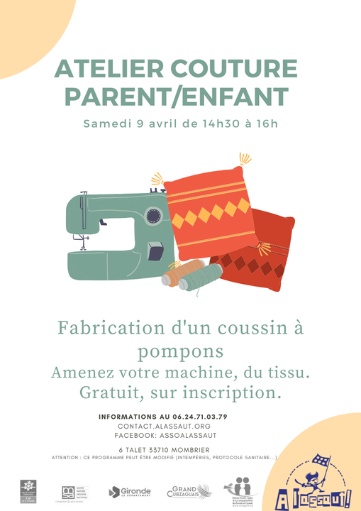 prochain atelier couture parent/enfant le samedi 9 avril.