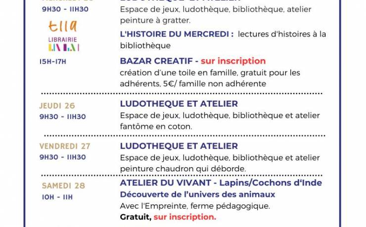 Programme des vacances de la Toussaint
 du 23 octobre au 4 novembre.