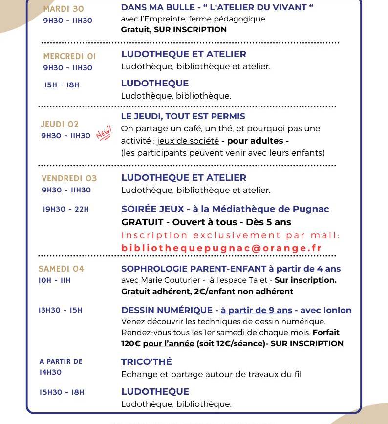 Programme du 30/09 au 19/10.