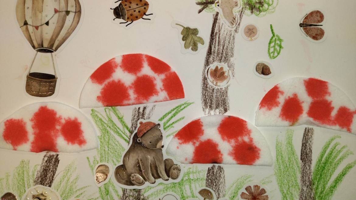 Composition « balade d’automne » avec de la peinture à la pipette sur coton