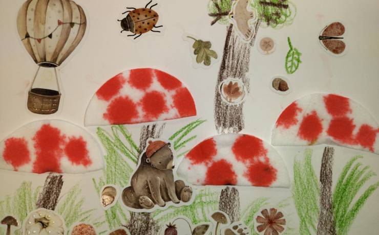 Composition « balade d’automne » avec de la peinture à la pipette sur coton