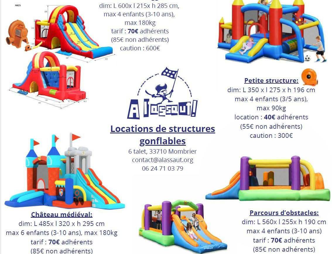 Voici nos 4 structures gonflables disponibles à la location.
Nous proposons égal…