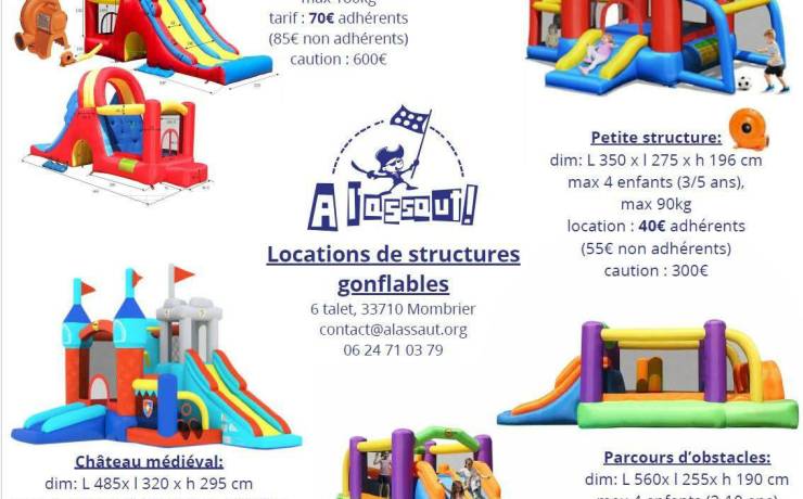 Voici nos 4 structures gonflables disponibles à la location.
Nous proposons égal…